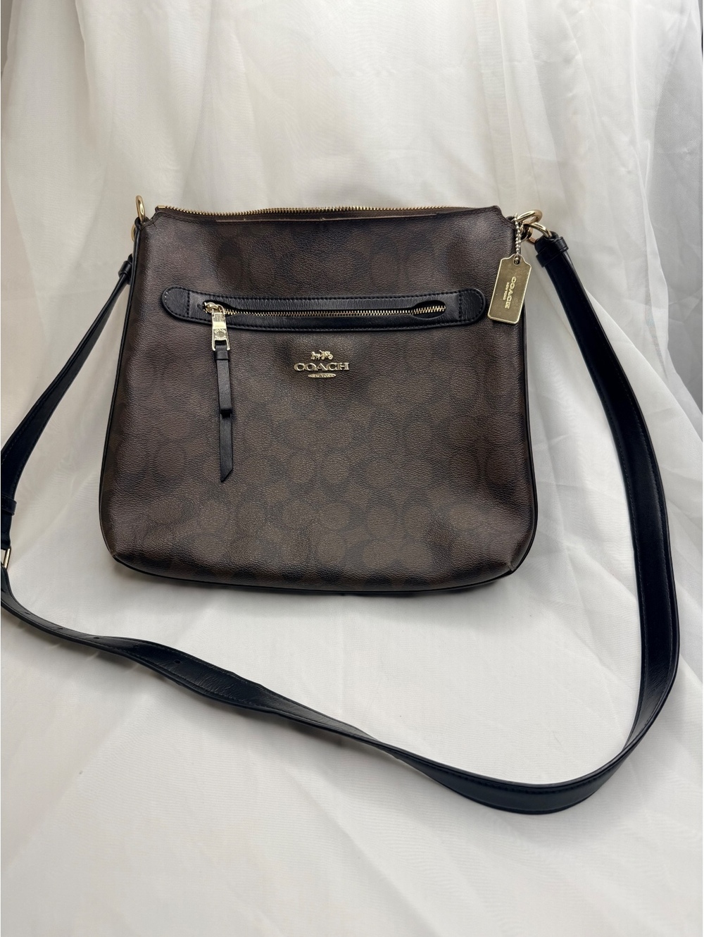 Coach Mae File Crossbody Signature Leather Logo Pattern Brown Black F77885